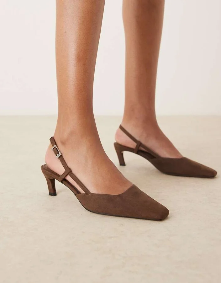ASOS DESIGN Shadow chisel toe slingback mid heel shoes in chocolate suedette