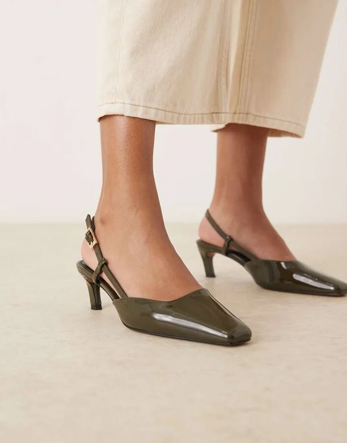 ASOS DESIGN Shadow chisel toe slingback mid heel shoes in green patent - Image 4