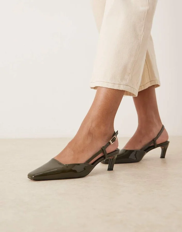 ASOS DESIGN Shadow chisel toe slingback mid heel shoes in green patent