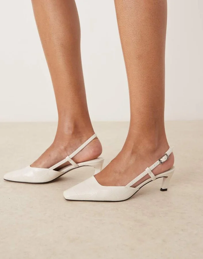 ASOS DESIGN Shadow chisel toe slingback mid heel shoes in white croc
