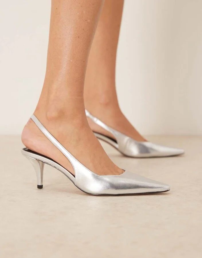 ASOS DESIGN Shake slingback kitten heels in silver - Image 3