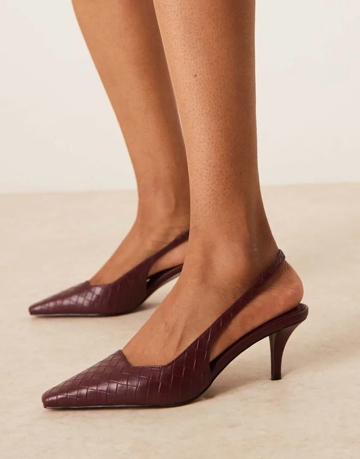 ASOS DESIGN Shake woven slingback kitten heels in burgundy