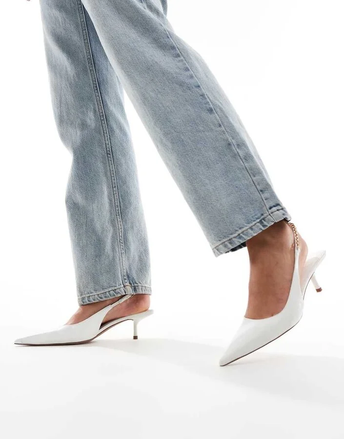 ASOS DESIGN Sharp slingback chain detail kitten heel shoes in white - Image 4