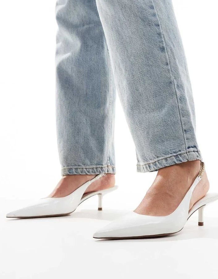 ASOS DESIGN Sharp slingback chain detail kitten heel shoes in white