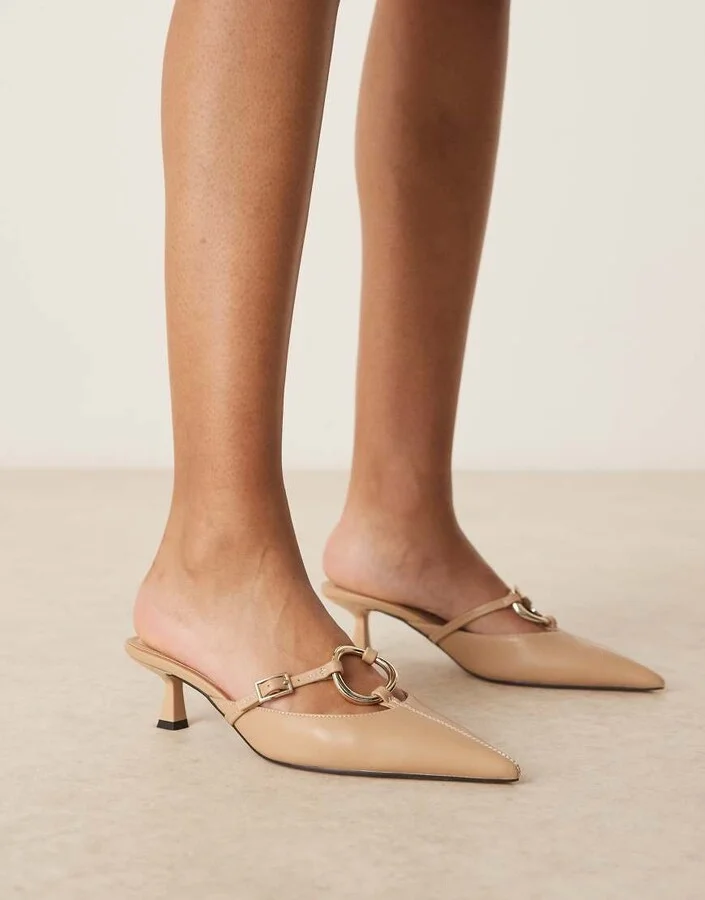ASOS DESIGN Shay ring detail kitten heeled mules in beige