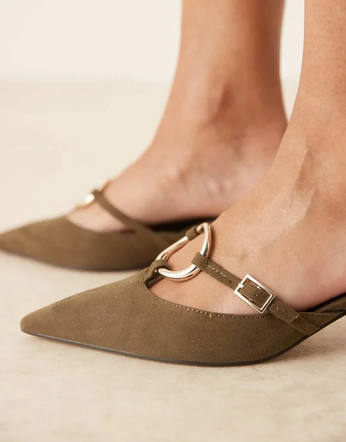 ASOS DESIGN Shay ring detail kitten heeled mules in khaki green suedette - Image 2
