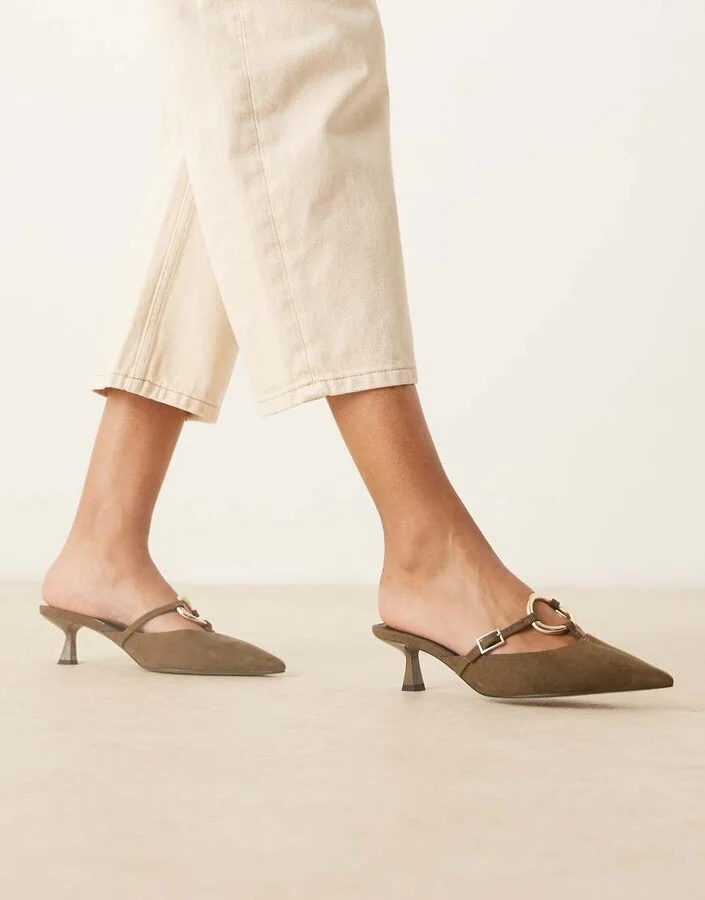 ASOS DESIGN Shay ring detail kitten heeled mules in khaki green suedette - Image 3