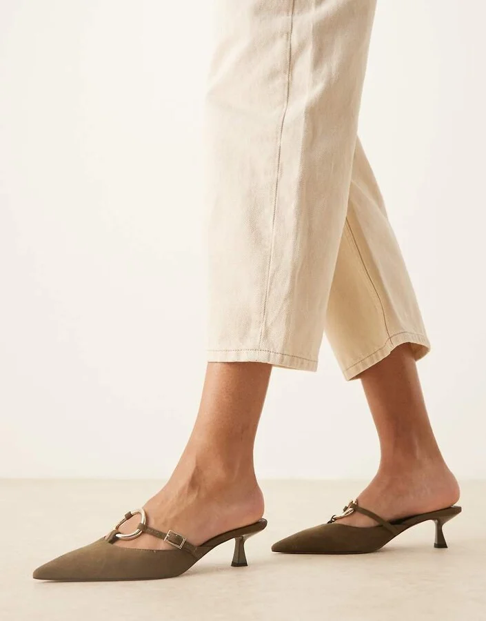 ASOS DESIGN Shay ring detail kitten heeled mules in khaki green suedette