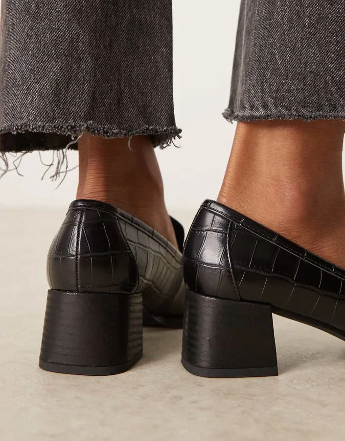 ASOS DESIGN Siren mid heel loafers in black croc - Image 3