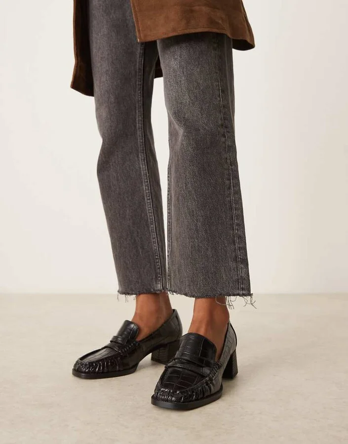 ASOS DESIGN Siren mid heel loafers in black croc - Image 4