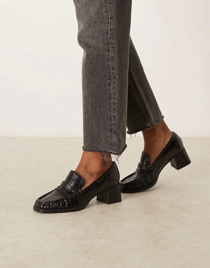 ASOS DESIGN Siren mid heel loafers in black croc