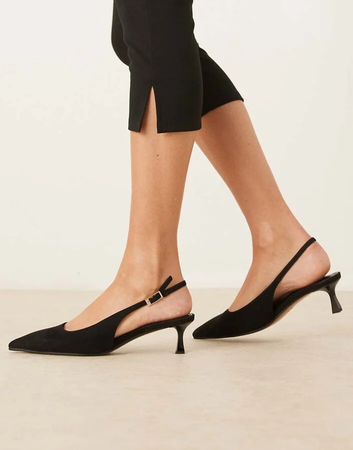 ASOS DESIGN Skip slingback kitten heel shoes in black suedette
