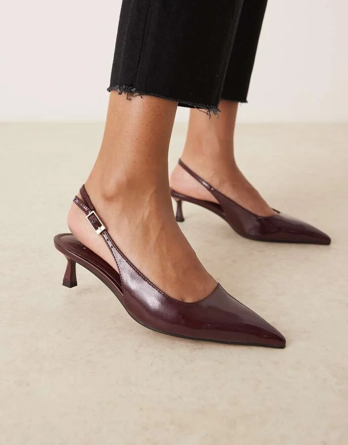 ASOS DESIGN Skip slingback kitten heel shoes in burgundy patent - Image 4