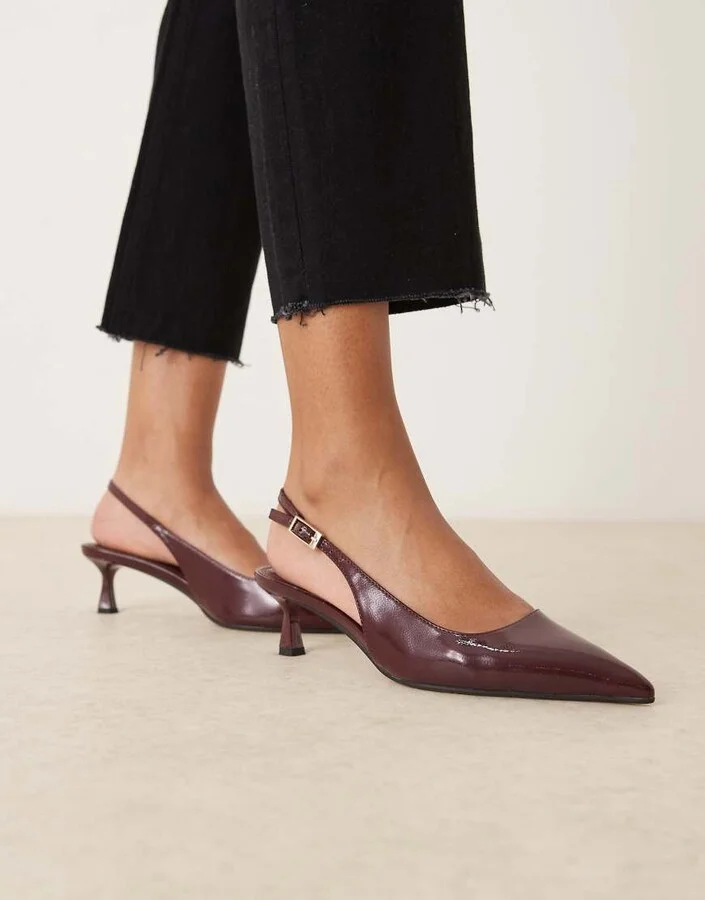 ASOS DESIGN Skip slingback kitten heel shoes in burgundy patent