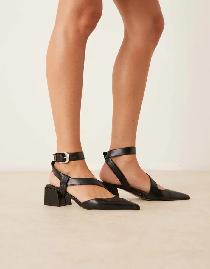ASOS DESIGN Skye asymmetric strap detail mid block heel shoes in black - Image 3