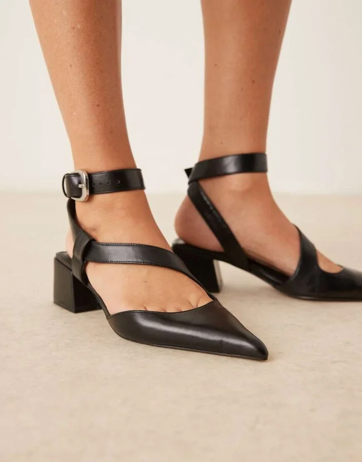 ASOS DESIGN Skye asymmetric strap detail mid block heel shoes in black