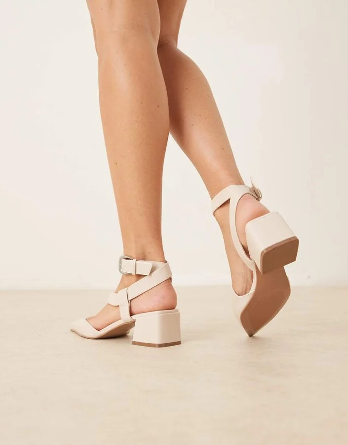 ASOS DESIGN Skye asymmetric strap detail mid block heel shoes in white - Image 2