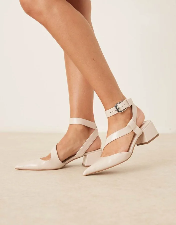 ASOS DESIGN Skye asymmetric strap detail mid block heel shoes in white