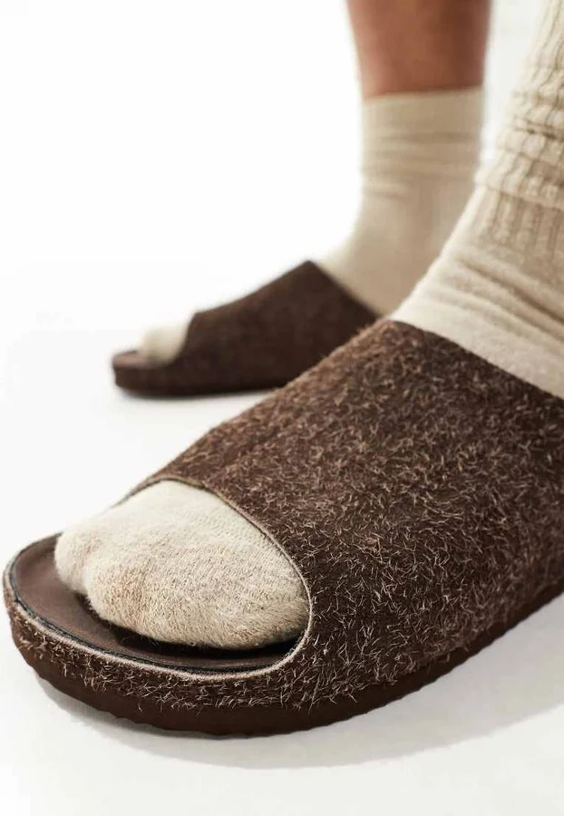 ASOS DESIGN slide sandals in stone hairy suede - Image 3
