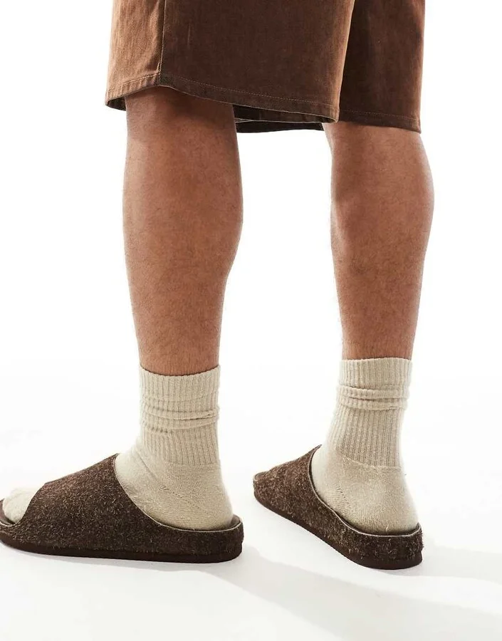 ASOS DESIGN slide sandals in stone hairy suede - Image 4