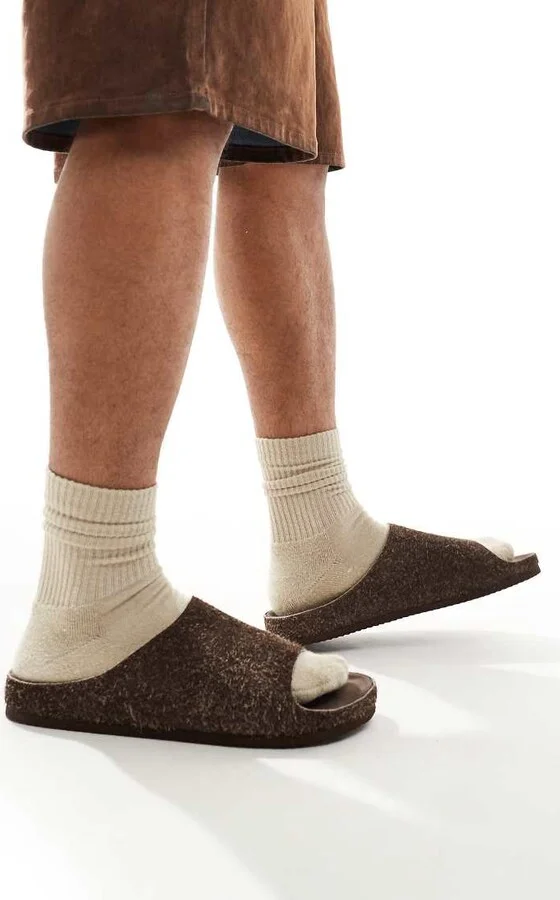 ASOS DESIGN slide sandals in stone hairy suede