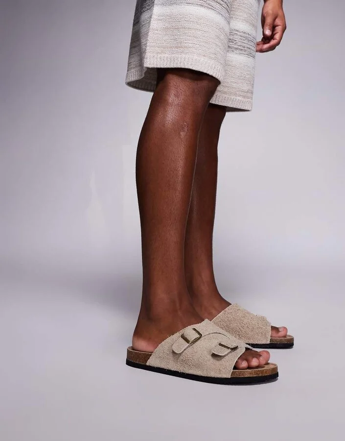 ASOS DESIGN slider sandals in stone hairy suede - Image 2