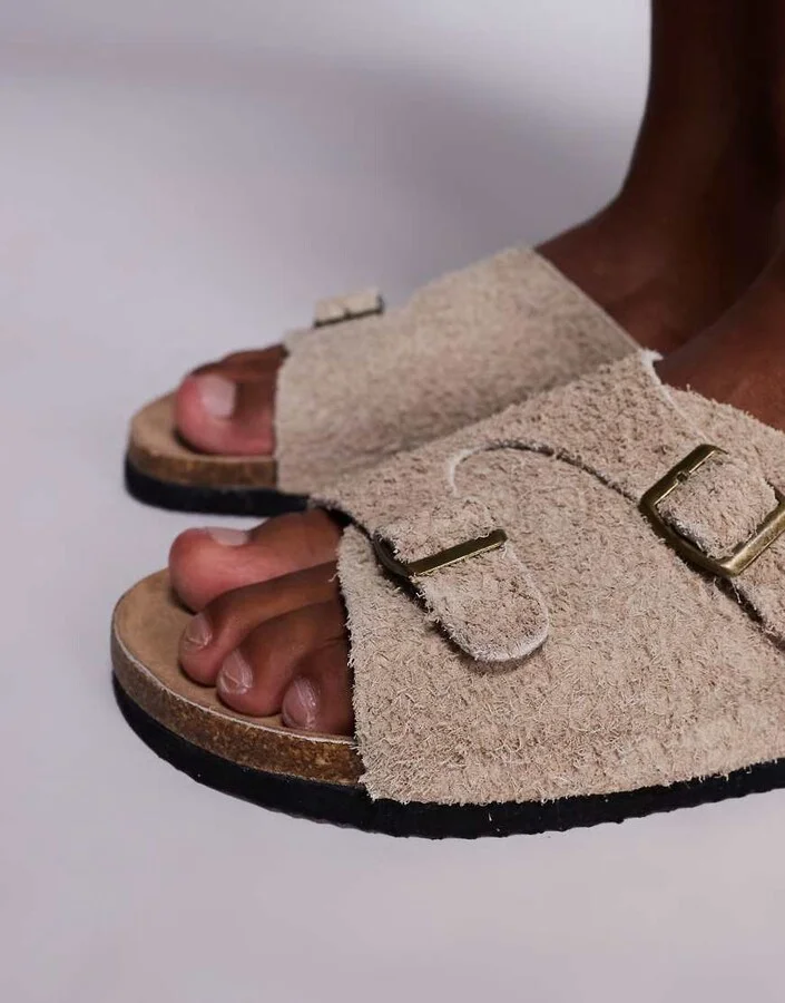 ASOS DESIGN slider sandals in stone hairy suede - Image 4