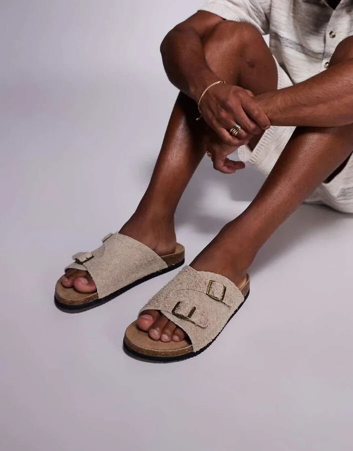 ASOS DESIGN slider sandals in stone hairy suede