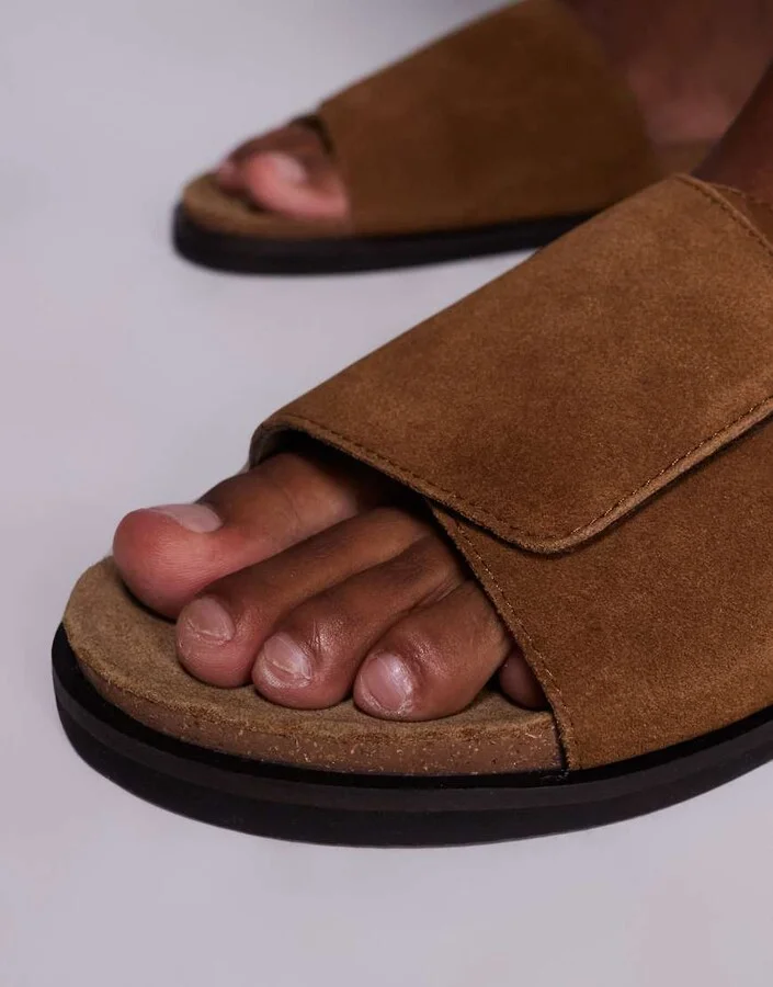 ASOS DESIGN slider sandals in tan suede with cork sole - Image 3