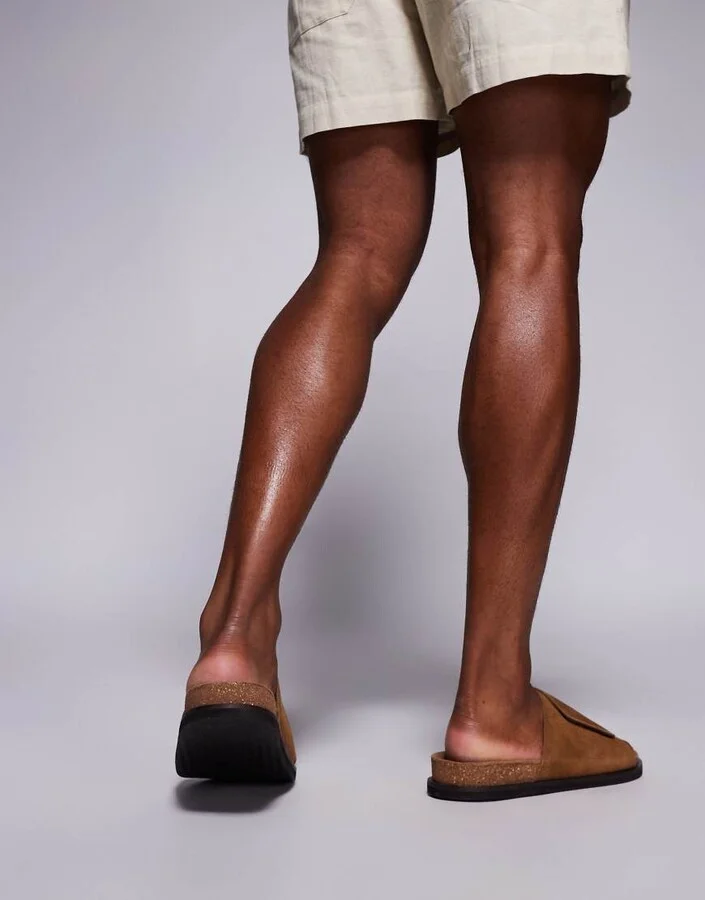 ASOS DESIGN slider sandals in tan suede with cork sole - Image 4