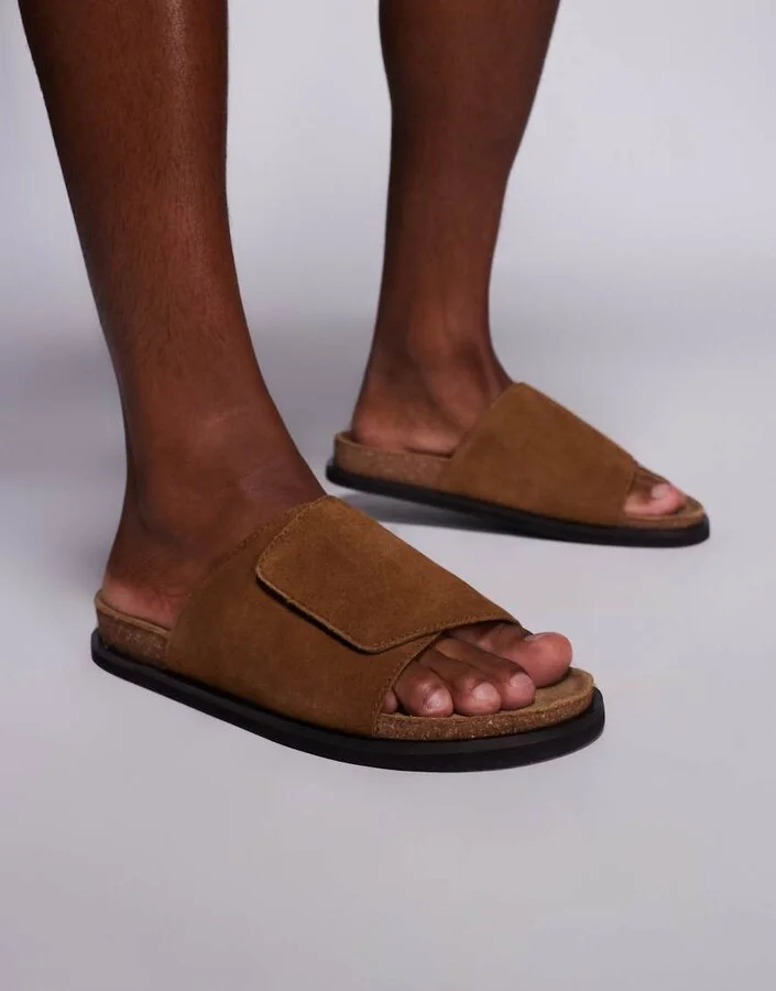 ASOS DESIGN slider sandals in tan suede with cork sole