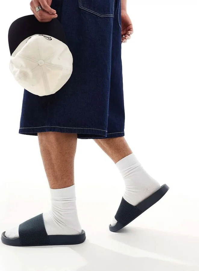 ASOS DESIGN slides in navy with knit straps - Image 4