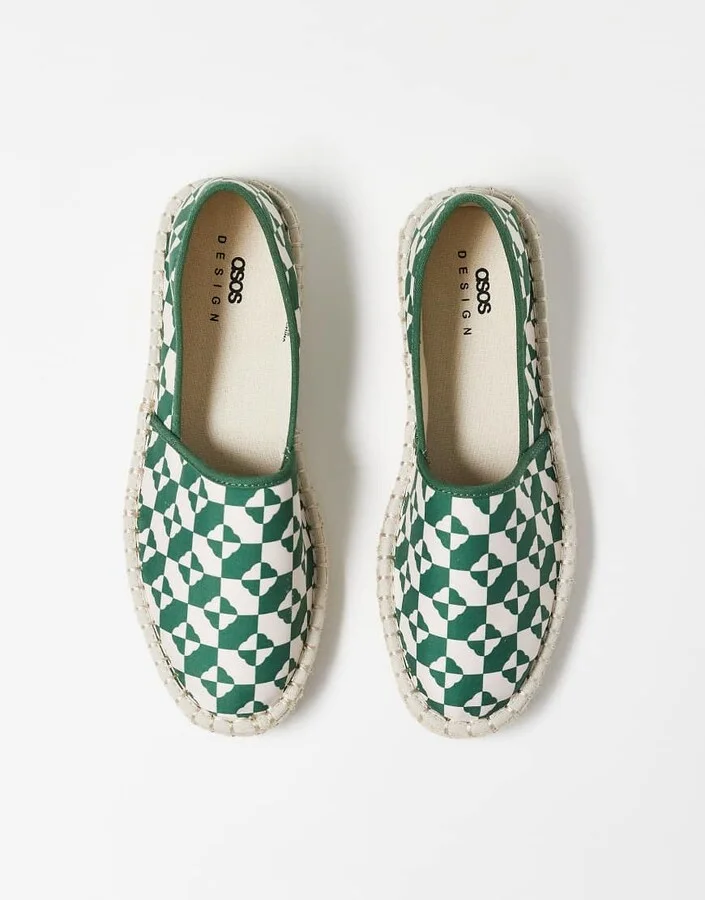 ASOS DESIGN slip on espadrilles in green geo print