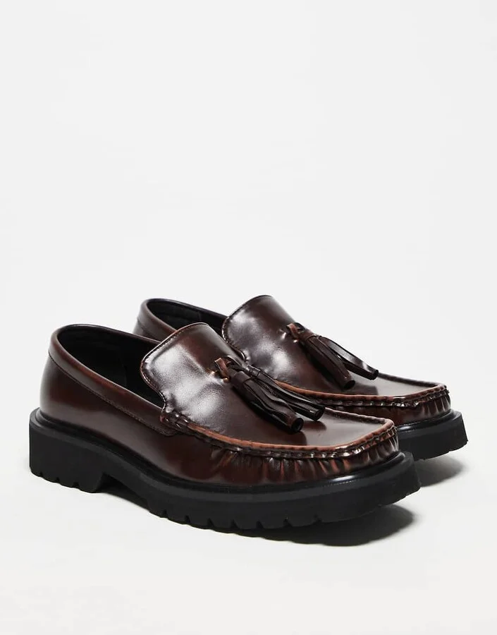 ASOS DESIGN square toe loafers in brown with tassel - Image 2