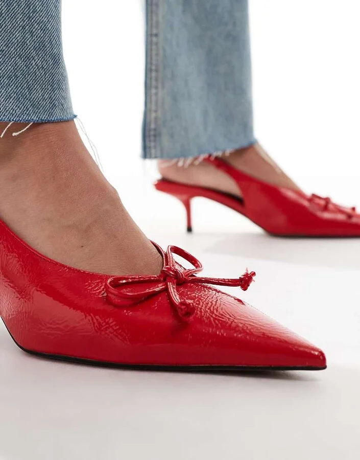 ASOS DESIGN Sriracha bow slingback mid heeled shoes in red - Image 3