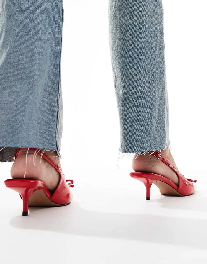 ASOS DESIGN Sriracha bow slingback mid heeled shoes in red - Image 4