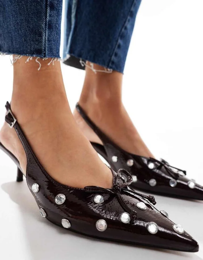 ASOS DESIGN Sriracha embellished slingback mid heeled shoes in burgundy - Image 3