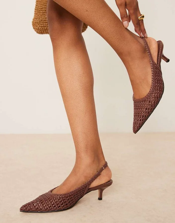 ASOS DESIGN Starry weave detail mid heel shoes in chocolate