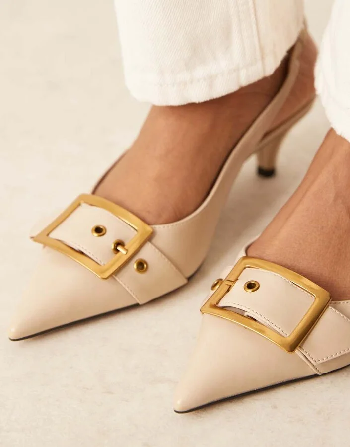 ASOS DESIGN Stellar buckle detail kitten heels in beige - Image 3