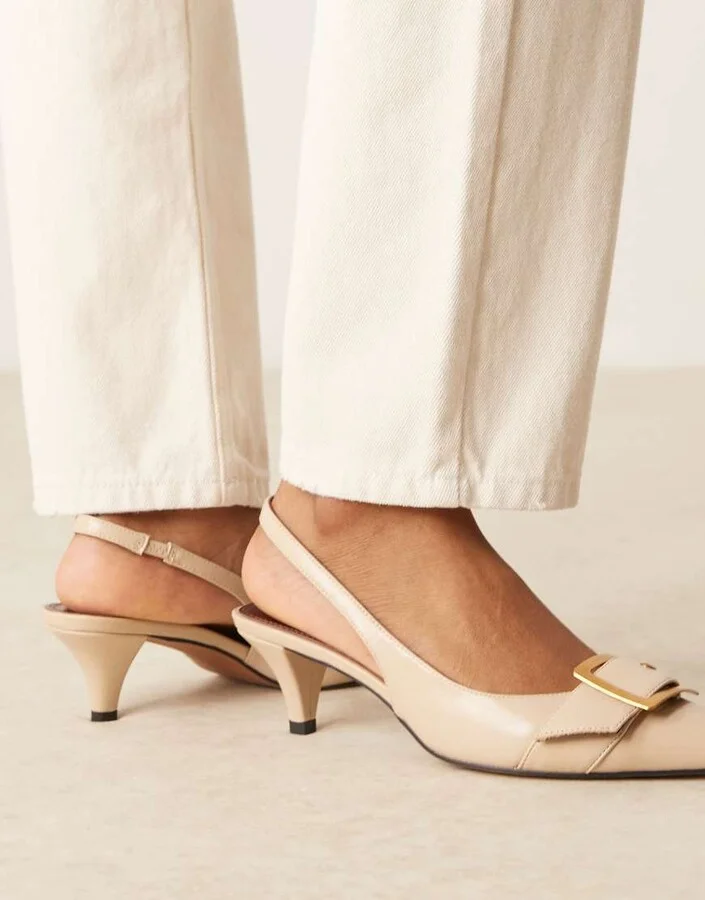 ASOS DESIGN Stellar buckle detail kitten heels in beige - Image 4