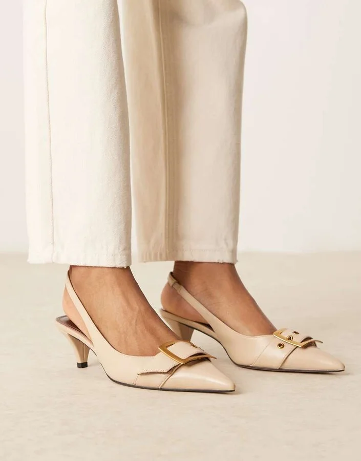 ASOS DESIGN Stellar buckle detail kitten heels in beige