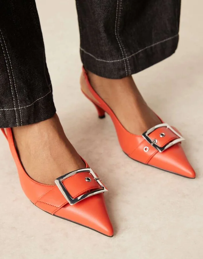 ASOS DESIGN Stellar buckle detail kitten heels in orange - Image 2