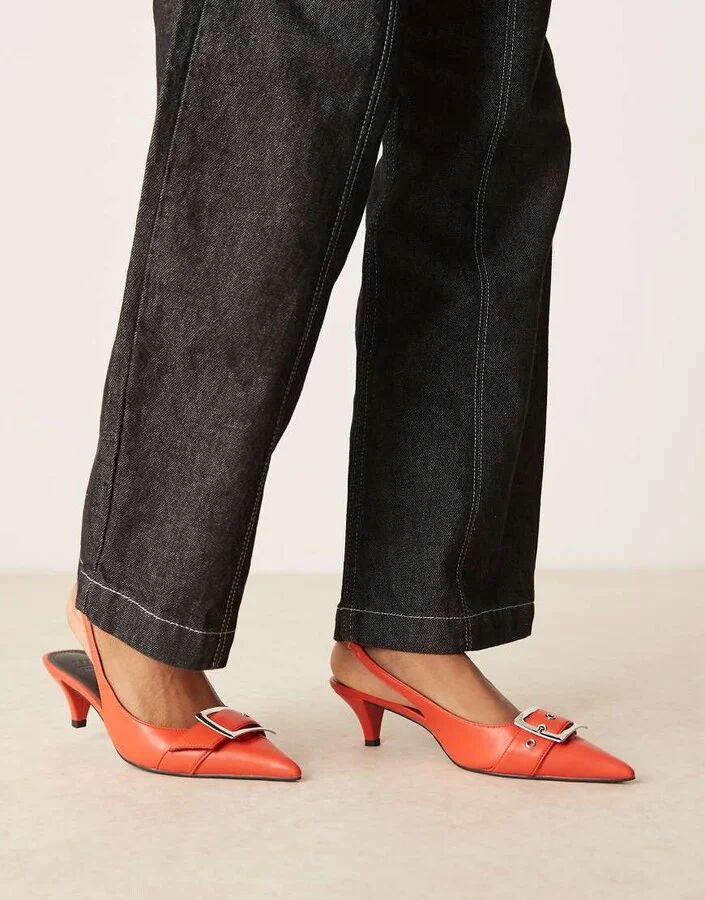 ASOS DESIGN Stellar buckle detail kitten heels in orange - Image 4