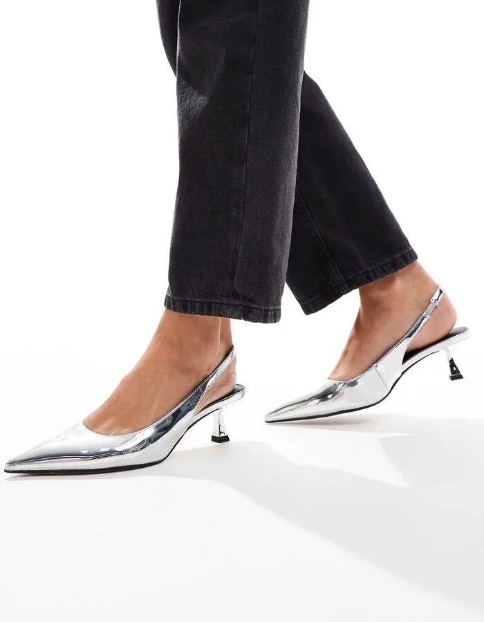 ASOS DESIGN Stroll slingback kitten heel shoes in silver