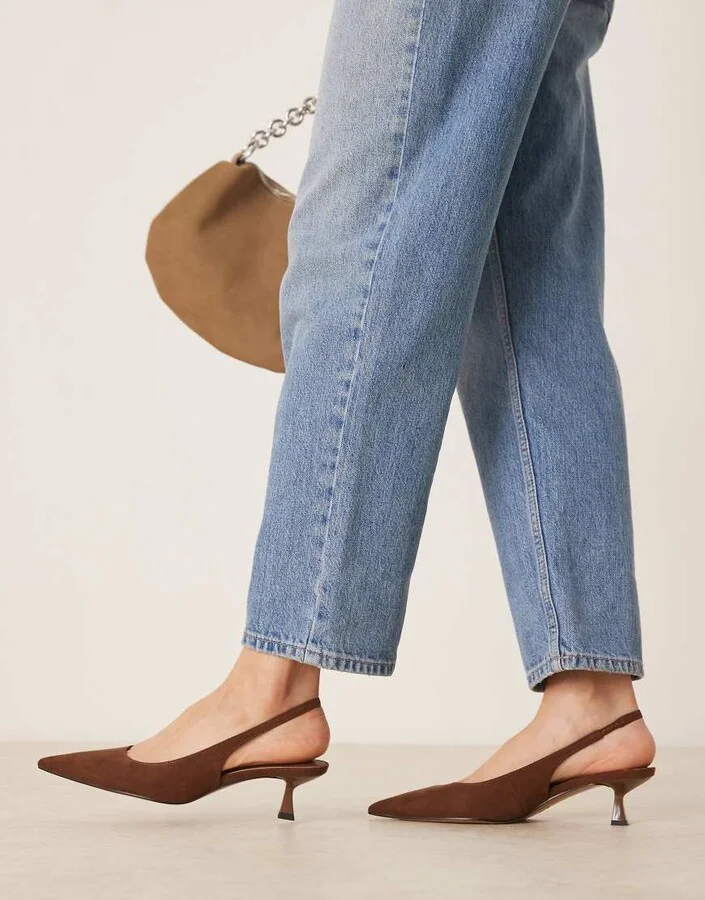 ASOS DESIGN Stroll slingback mid heeled shoes in brown suedette