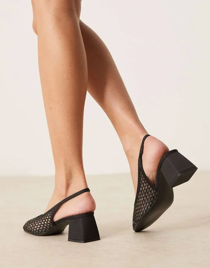 ASOS DESIGN Sugar slingback mid heeled shoes in black weave - Image 2