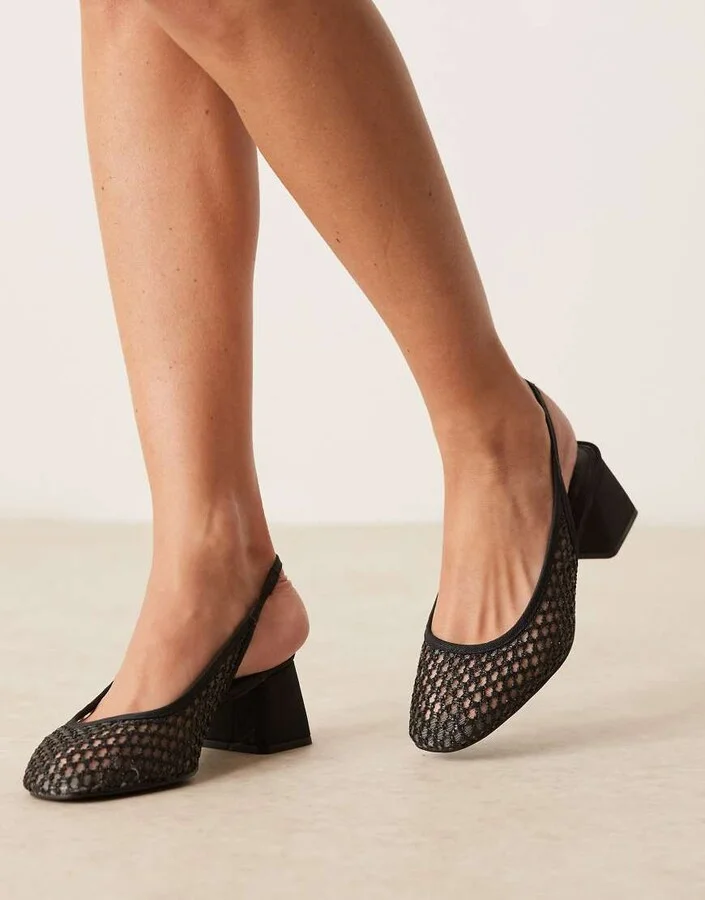 ASOS DESIGN Sugar slingback mid heeled shoes in black weave - Image 3