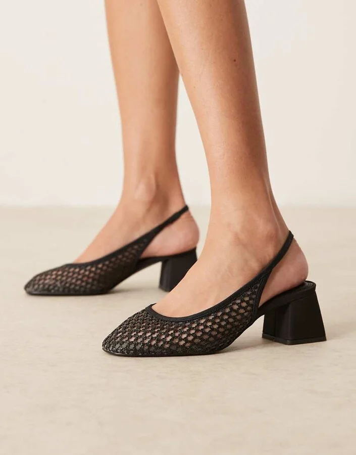 ASOS DESIGN Sugar slingback mid heeled shoes in black weave