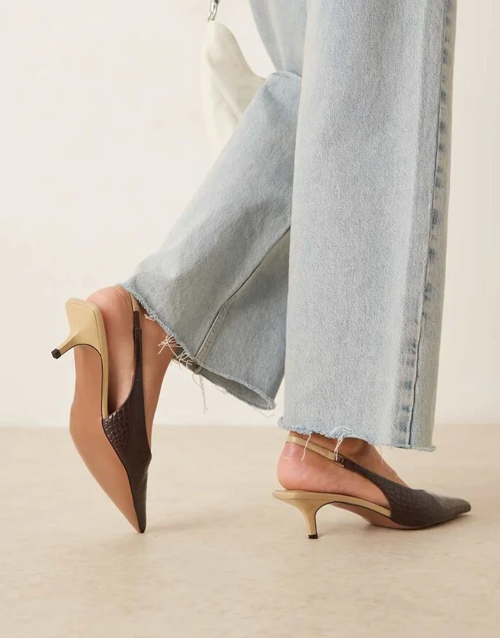 ASOS DESIGN Sunday slingback kitten heels in brown croc - Image 2