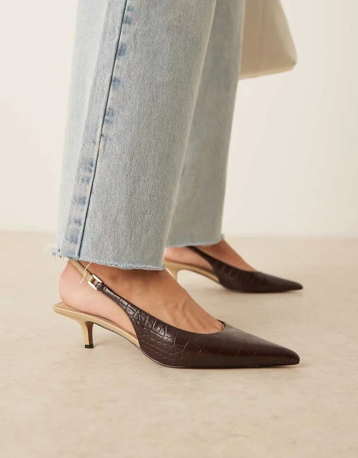 ASOS DESIGN Sunday slingback kitten heels in brown croc